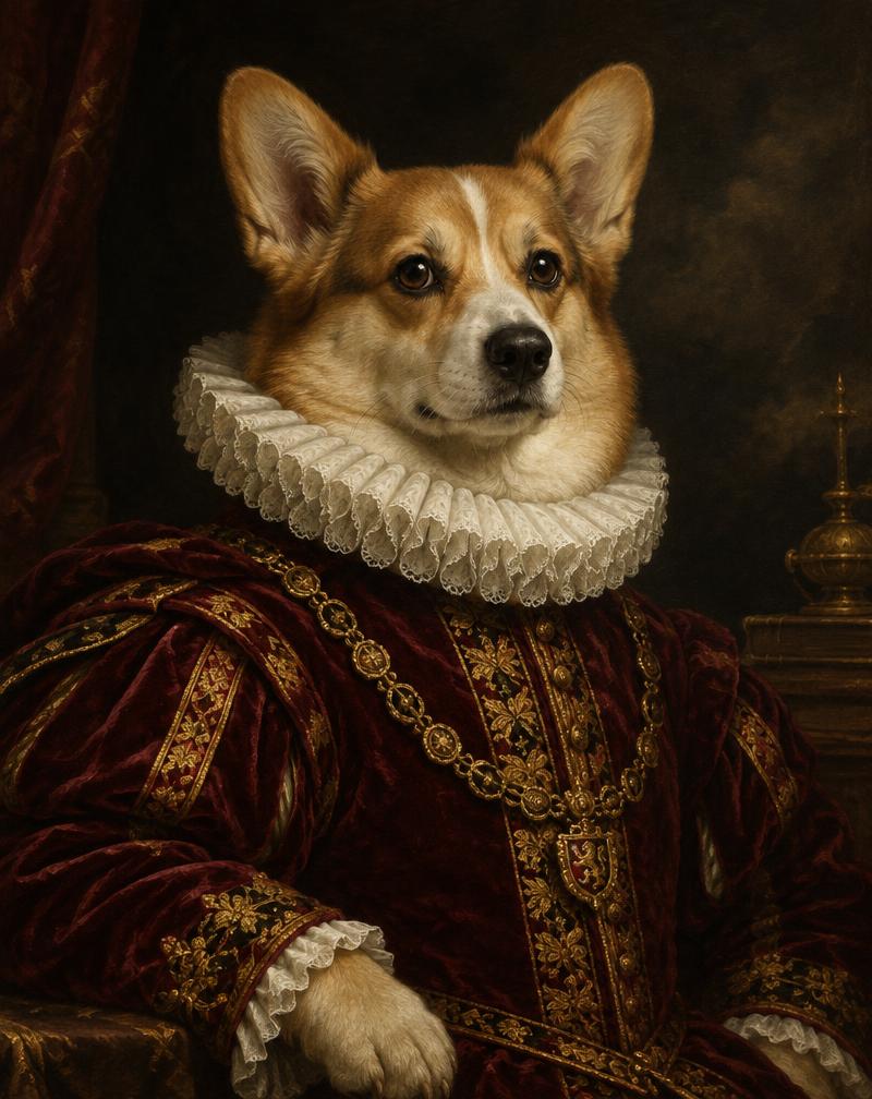 Corgi painted as a Renaissance nobleman